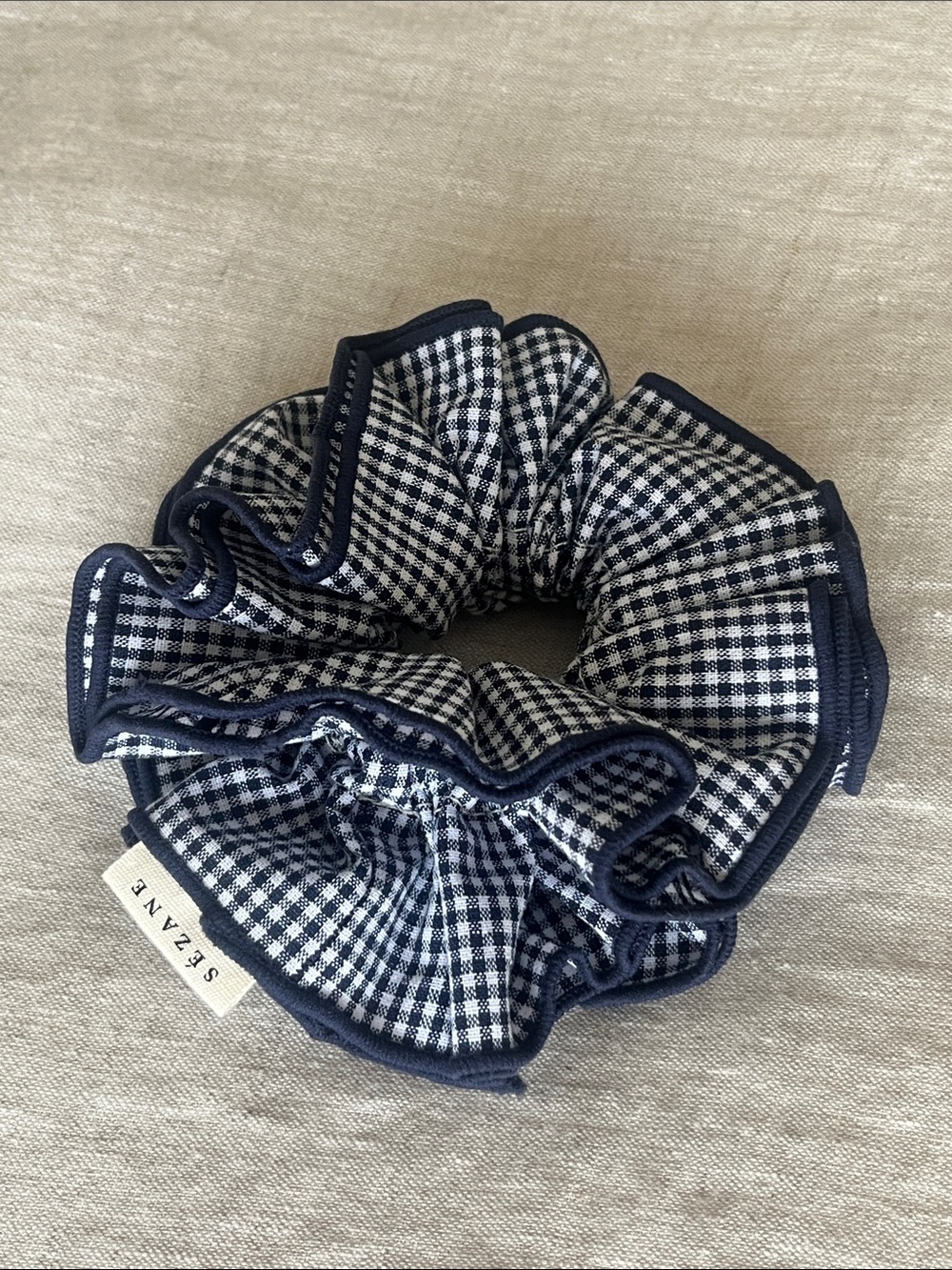 New Sezane Navy and White Gingham Ruffled Scrunchie